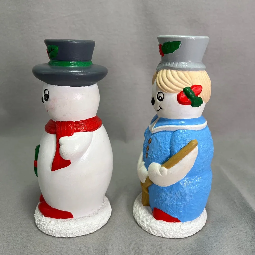 Vintage Hand Painted Ceramic Snowman Couple Taper Candlestick Holders Christmas‎